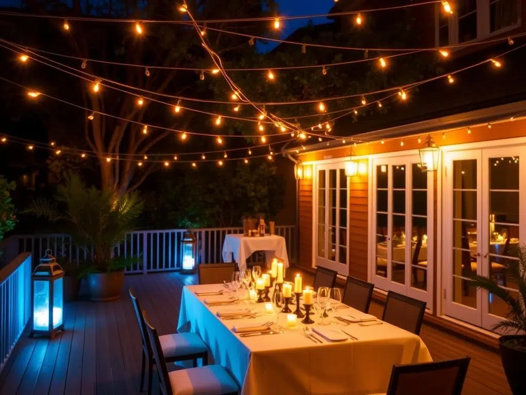 Terras met eettafel en sfeervolle verlichting in de avond Terras met eettafel en sfeervolle verlichting in de avond