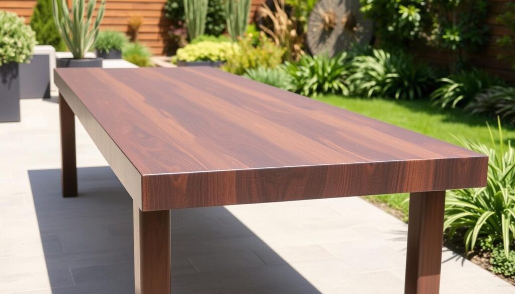 Thermisch gemodificeerd hout voor buitentafel met donkere kleur Thermisch gemodificeerd hout voor buitentafel met donkere kleur