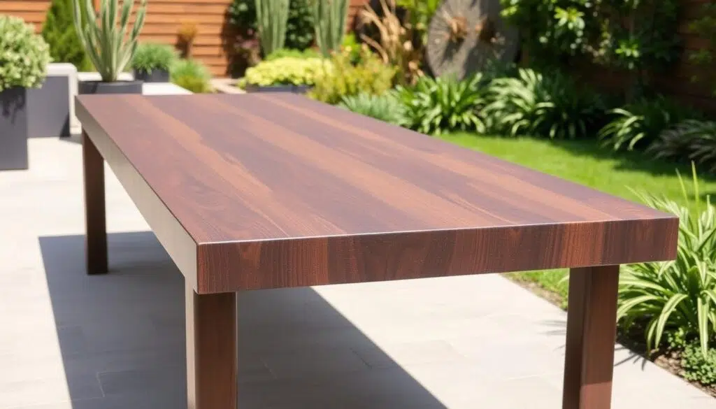 Thermisch gemodificeerd hout voor buitentafel met donkere kleur Thermisch gemodificeerd hout voor buitentafel met donkere kleur