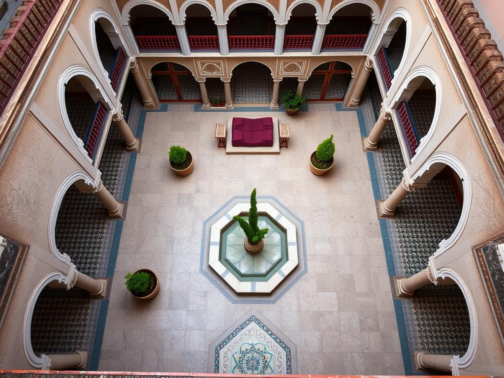 Traditionele Marokkaanse riad binnenplaats met fontein en planten Traditionele Marokkaanse riad binnenplaats met fontein en planten