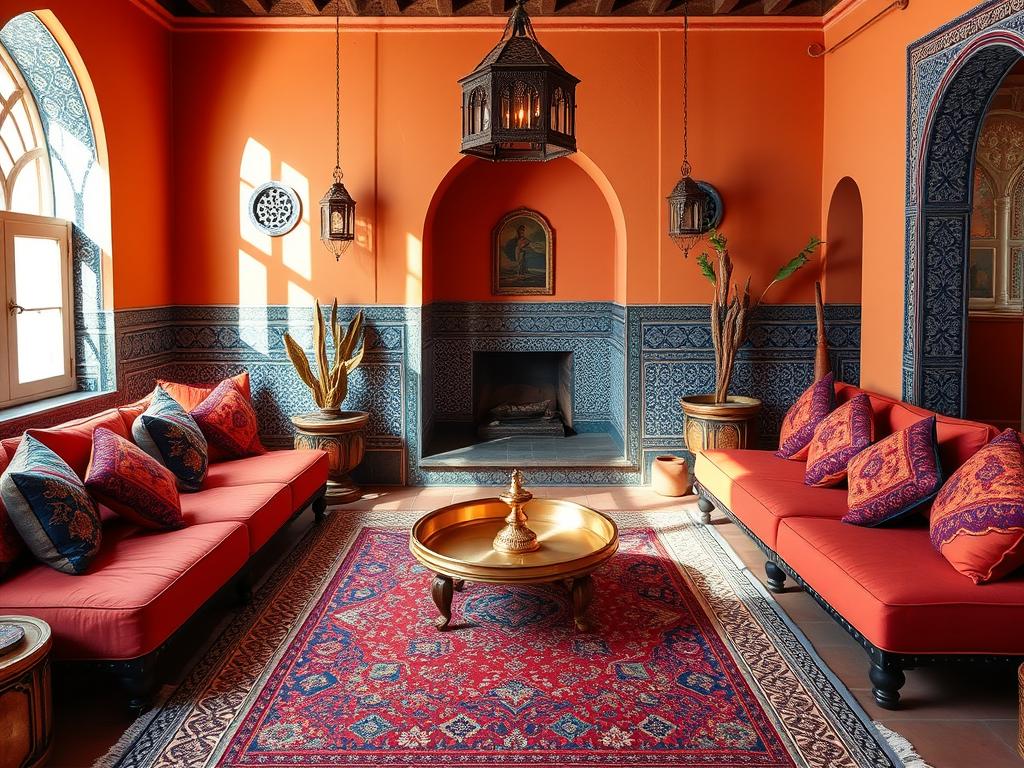 Traditionele Marokkaanse woonkamer in terracotta en blauw Traditionele Marokkaanse woonkamer in terracotta en blauw