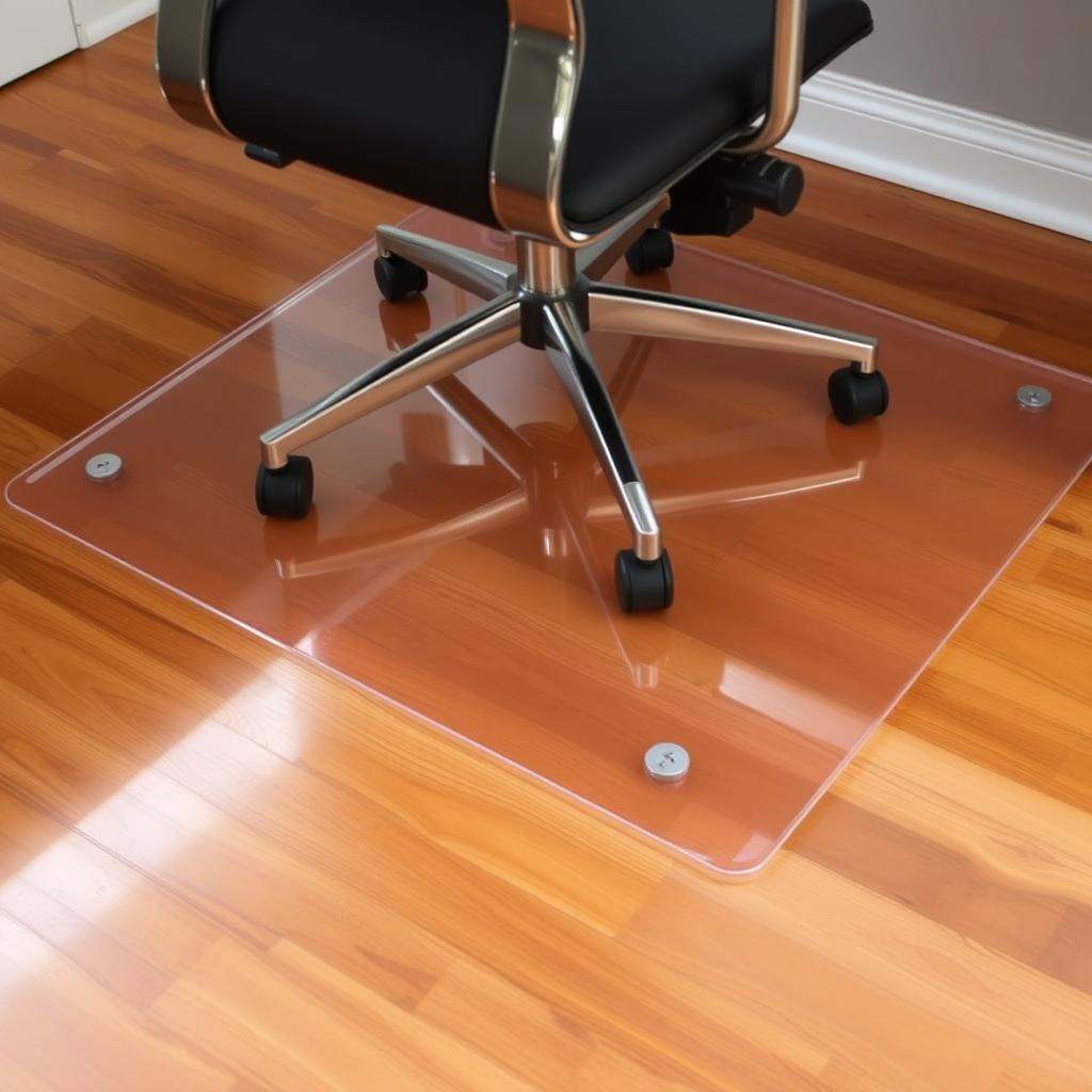 Transparante polycarbonaat vloerbeschermingsmat onder een bureaustoel Transparante polycarbonaat vloerbeschermingsmat onder een bureaustoel