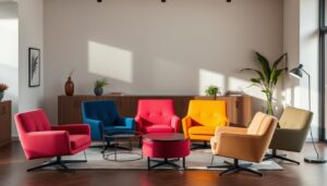 Zes kleurrijke fauteuils in verschillende tinten in een moderne interieursetting.