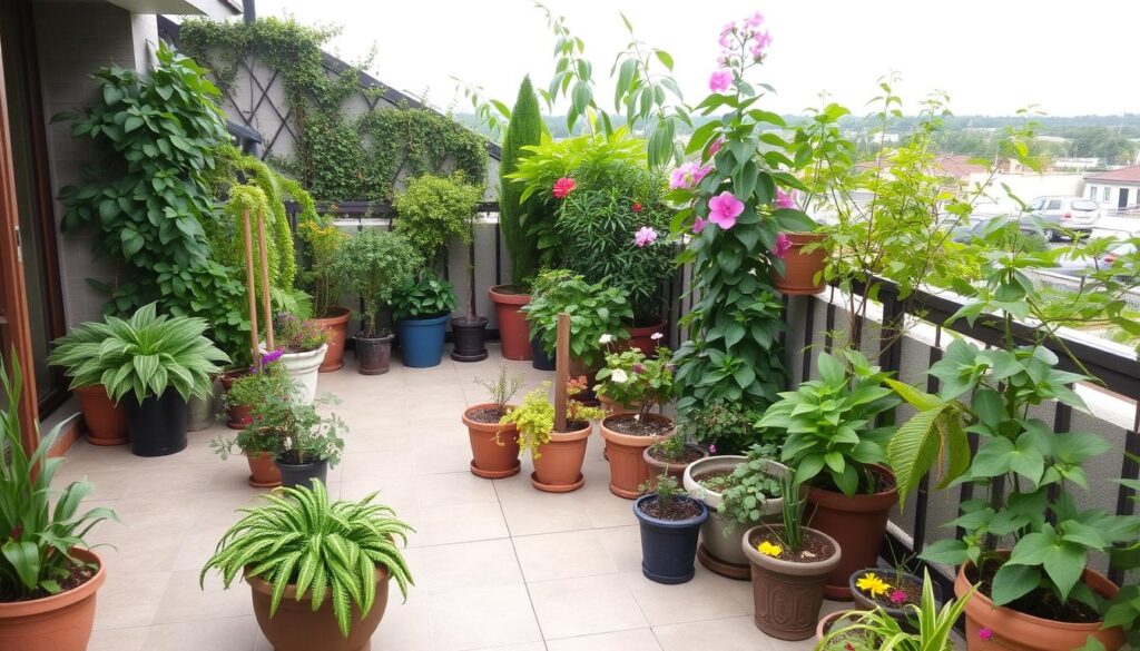 Tuin met diverse planten in potten en bakken die een natuurlijke sfeer creëren