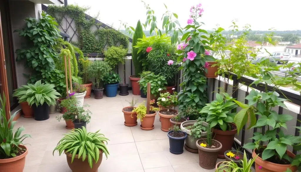 Tuin met diverse planten in potten en bakken die een natuurlijke sfeer creëren Tuin met diverse planten in potten en bakken die een natuurlijke sfeer creëren