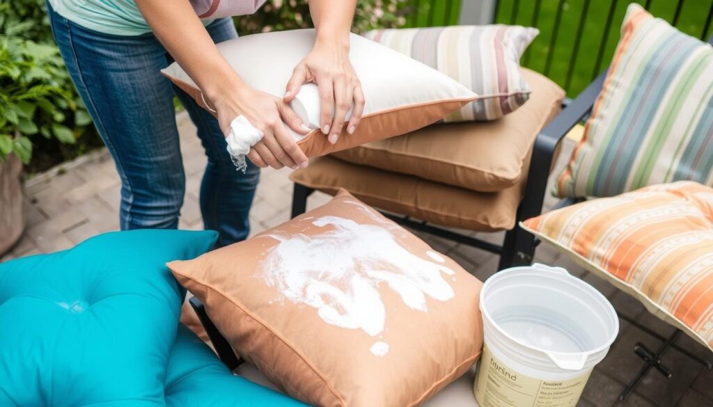 Tuinkussens schoonmaken met een mild reinigingsmiddel en een spons