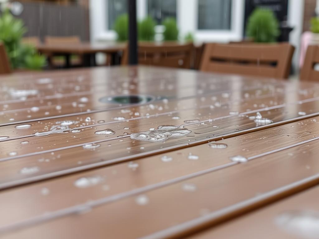 Tuintafel met weerbestendige eigenschappen tijdens Nederlandse regenbui Tuintafel met weerbestendige eigenschappen tijdens Nederlandse regenbui