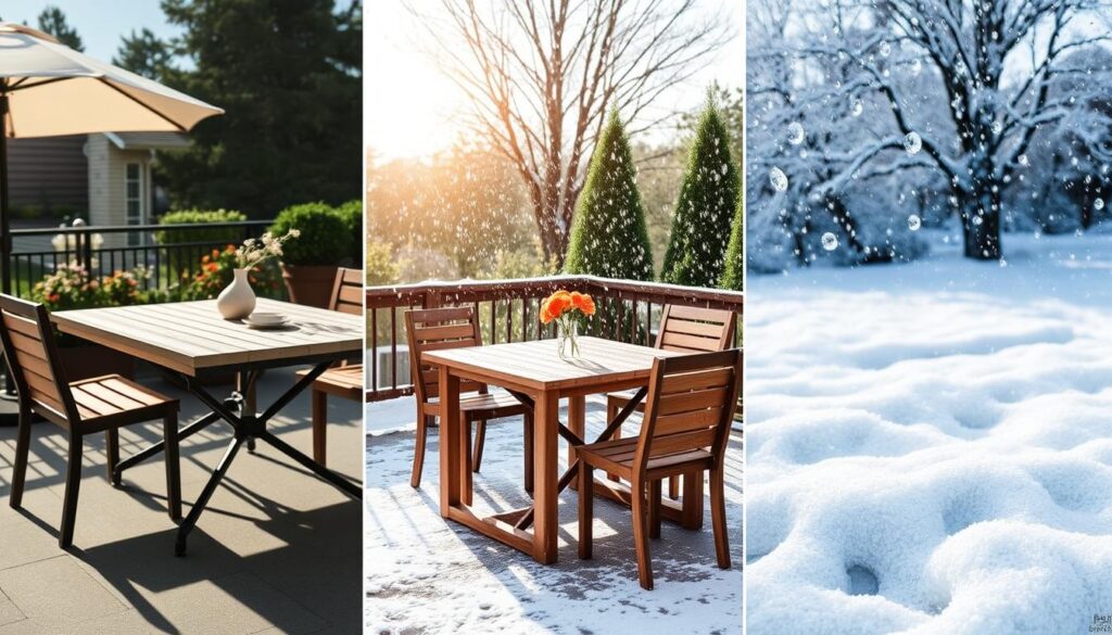 Tuintafel tijdens verschillende weersomstandigheden Tuintafel tijdens verschillende weersomstandigheden