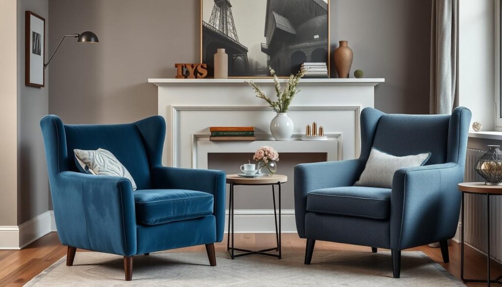 Twee verschillende stoelen in een woonkamer die dezelfde kleurenfamilie delen maar verschillende materialen hebben Twee verschillende stoelen in een woonkamer die dezelfde kleurenfamilie delen maar verschillende materialen hebben