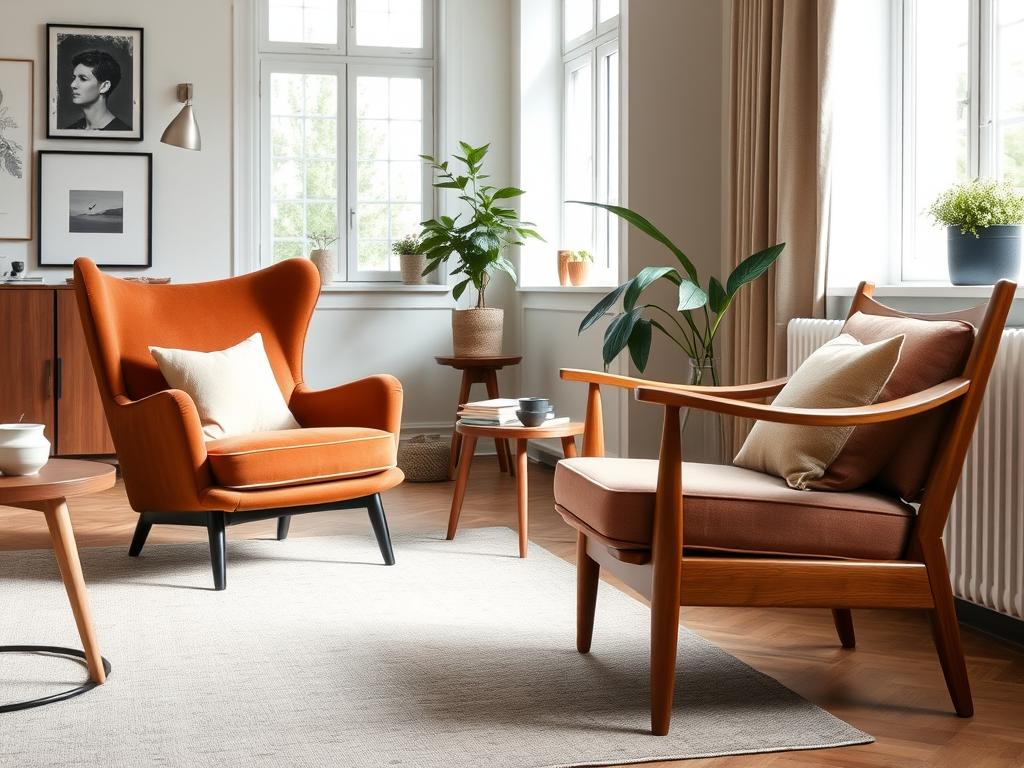 Twee verschillende stoelen in een woonkamer die harmonieus samengaan door gedeelde kleurtonen Twee verschillende stoelen in een woonkamer die harmonieus samengaan door gedeelde kleurtonen