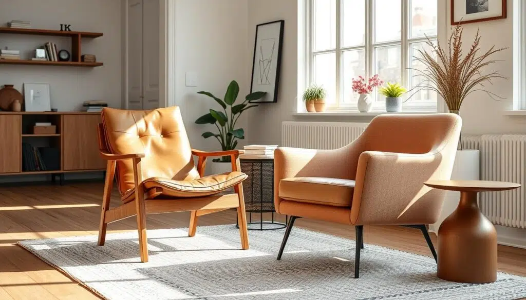 Twee verschillende stoelen in een woonkamer met contrasterende materialen maar complementaire kleuren Twee verschillende stoelen in een woonkamer met contrasterende materialen maar complementaire kleuren