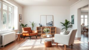 Twee verschillende stoelen in een woonkamer met contrasterende stijlen maar harmonieuze kleuren