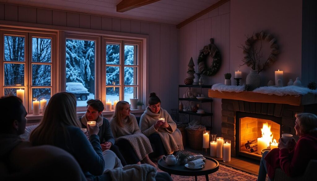 Typisch Scandinavische winterscène met kaarsen, vuur en gezelligheid tijdens de donkere maanden Typisch Scandinavische winterscène met kaarsen, vuur en gezelligheid tijdens de donkere maanden