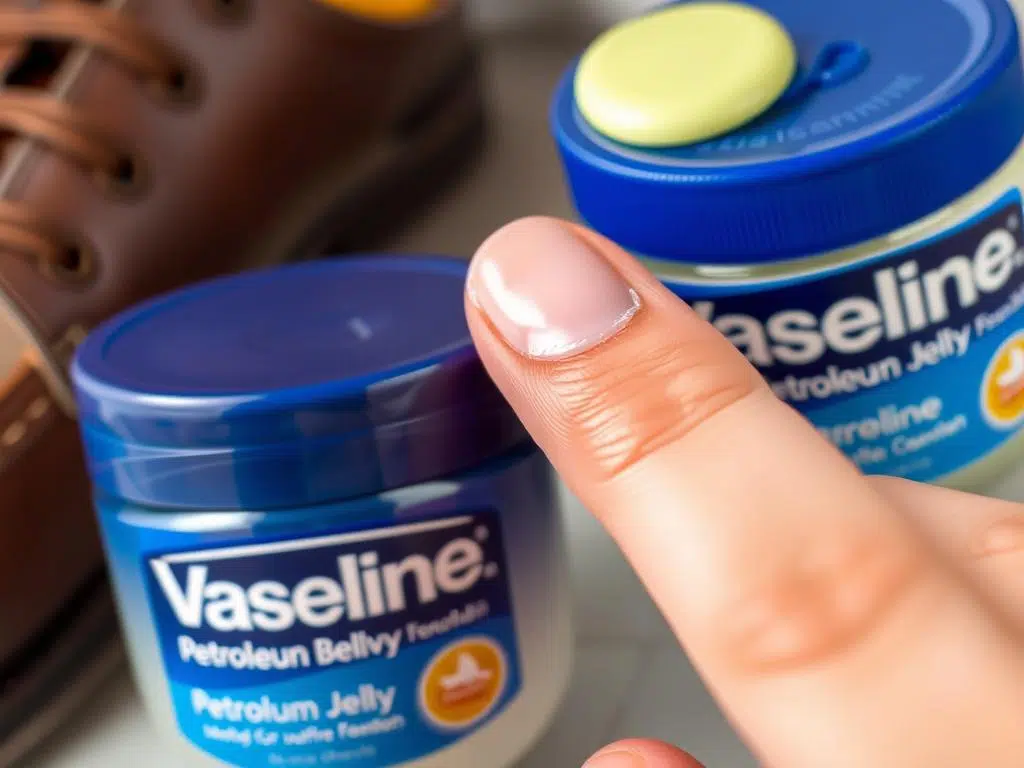 Vaseline pot naast een leren schoen die wordt ingesmeerd met een kleine hoeveelheid Vaseline Vaseline pot naast een leren schoen die wordt ingesmeerd met een kleine hoeveelheid Vaseline