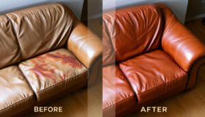 Verbleekt leren bank voor en na kleur opfrissen behandeling