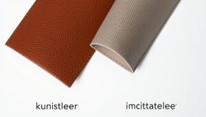 Twee soorten leer, kunstleer in bruin en imitatieleer in grijs, naast elkaar gepresenteerd.