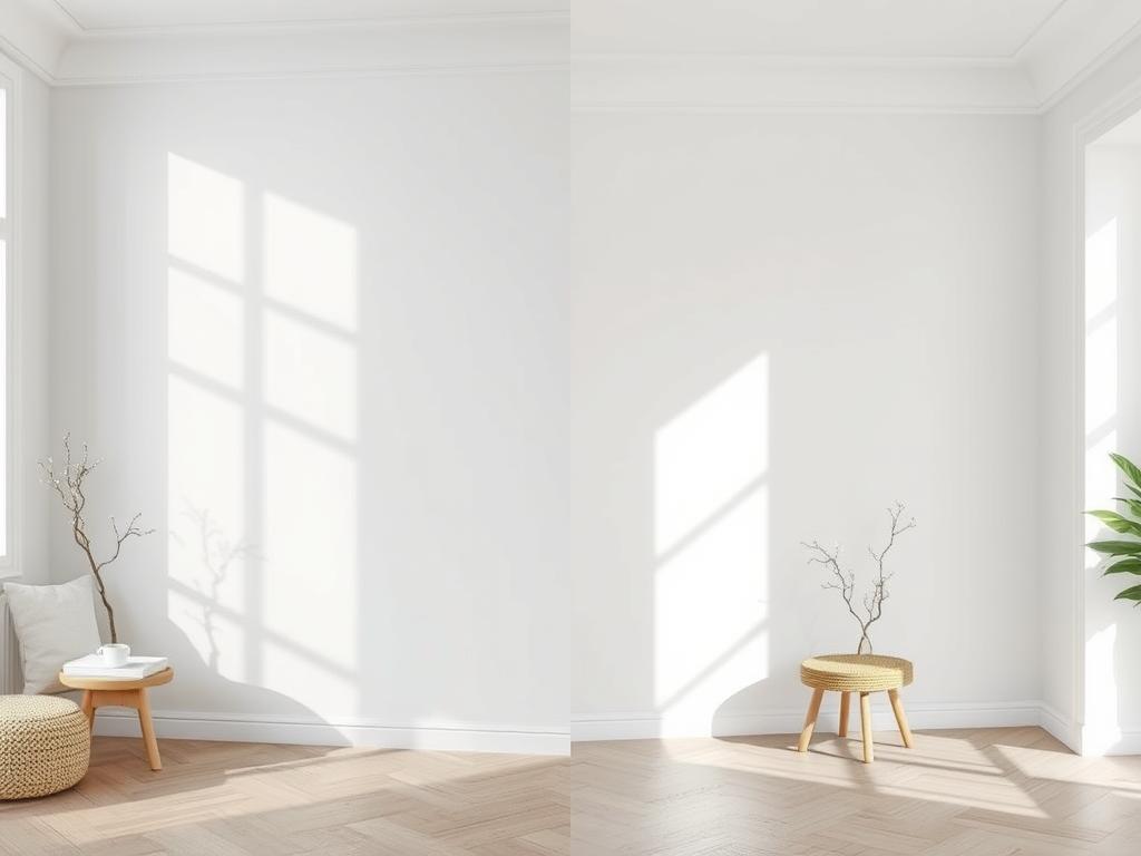 Vergelijking tussen matte en glanzende witte verfafwerking in een interieur Vergelijking tussen matte en glanzende witte verfafwerking in een interieur