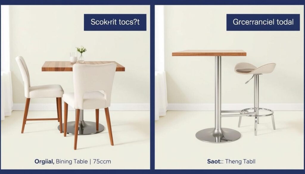Vergelijking tussen reguliere eetkamerstoelen en hogere barstoelen bij verschillende tafelhoogtes Vergelijking tussen reguliere eetkamerstoelen en hogere barstoelen bij verschillende tafelhoogtes