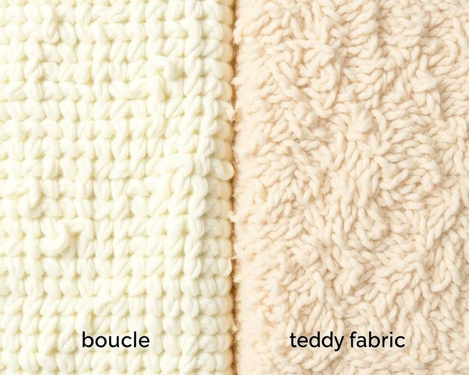 Vergelijking van bouclé en teddy stof naast elkaar Vergelijking van bouclé en teddy stof naast elkaar