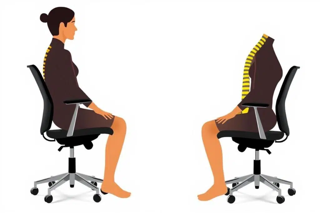Vergelijking van correcte en incorrecte zithouding op een stoel met wieltjes Vergelijking van correcte en incorrecte zithouding op een stoel met wieltjes
