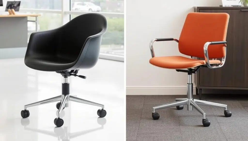 Vergelijking van een stoel met wieltjes naast een statische stoel in een modern interieur