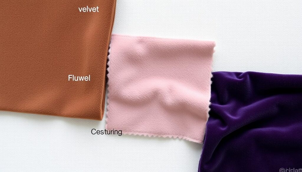Vergelijking van fluweel vs velvet vs velours stoffen naast elkaar