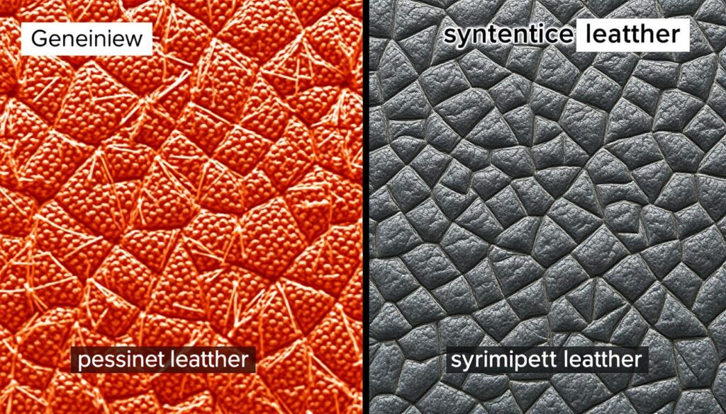 Vergelijking van de textuur van echt leer en imitatieleer onder een microscoop.