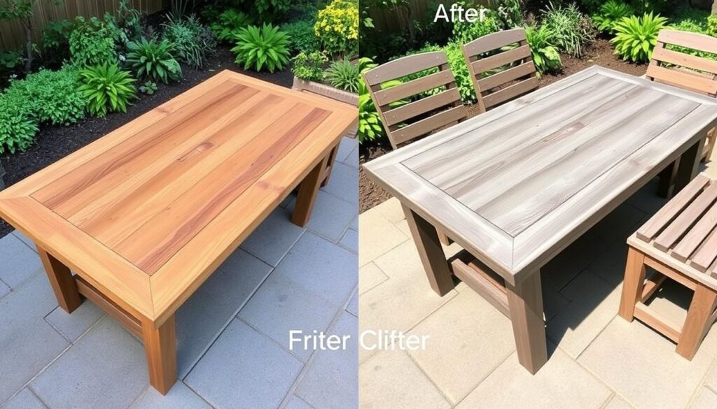 Vergelijking van nieuwe teak tuintafels naast een natuurlijk vergrijsde tafel