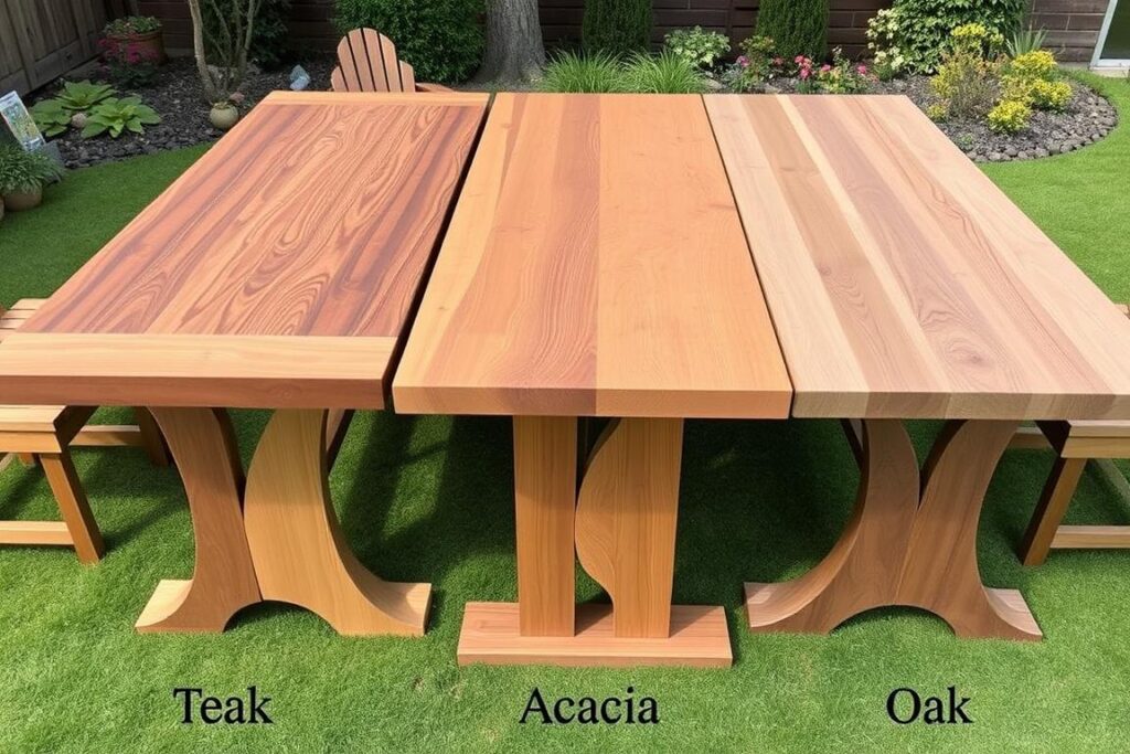 Vergelijking van teak, acacia en eiken houten eettafels buiten