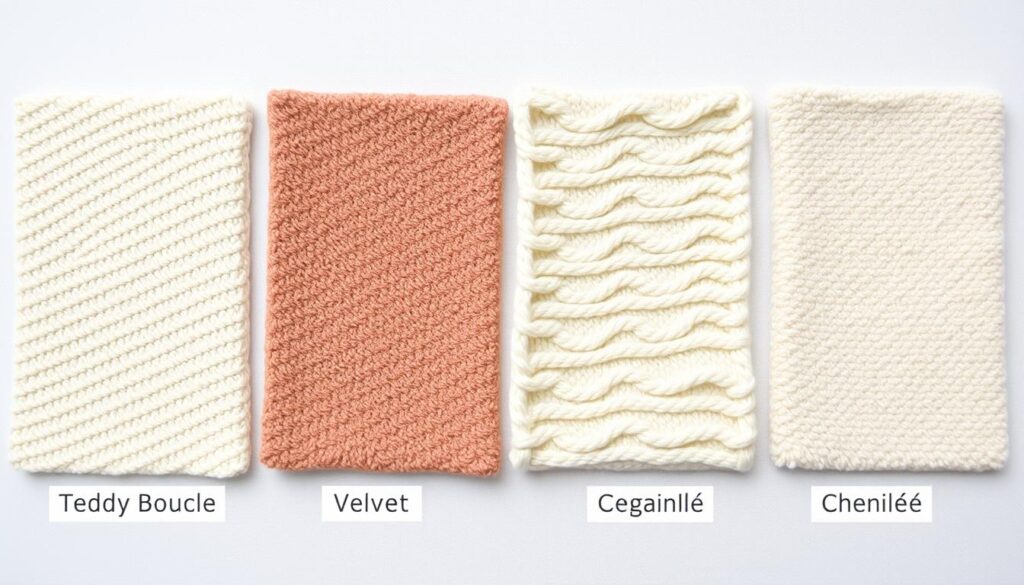 Vergelijking van teddy boucle met velvet, chenille en bouclé stoffen naast elkaar Vergelijking van teddy boucle met velvet, chenille en bouclé stoffen naast elkaar