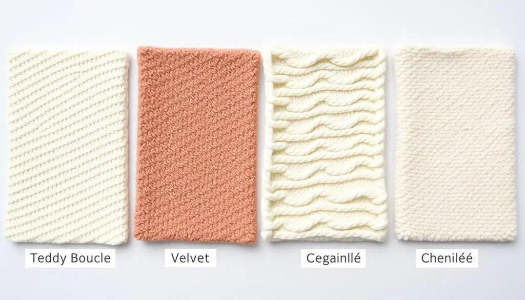 Vergelijking van teddy boucle met velvet, chenille en bouclé stoffen naast elkaar Vergelijking van teddy boucle met velvet, chenille en bouclé stoffen naast elkaar