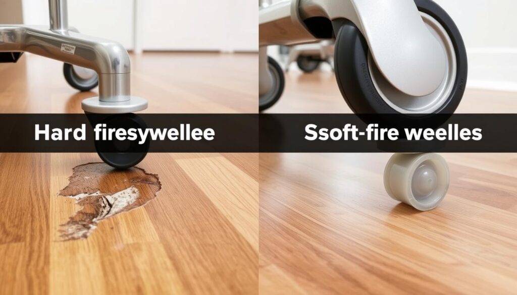 Vergelijking van vloerbeschadiging door verschillende types wielen onder stoel Vergelijking van vloerbeschadiging door verschillende types wielen onder stoel