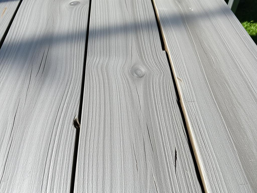 Vergrijsd houten tafelblad door langdurige blootstelling aan regen Vergrijsd houten tafelblad door langdurige blootstelling aan regen