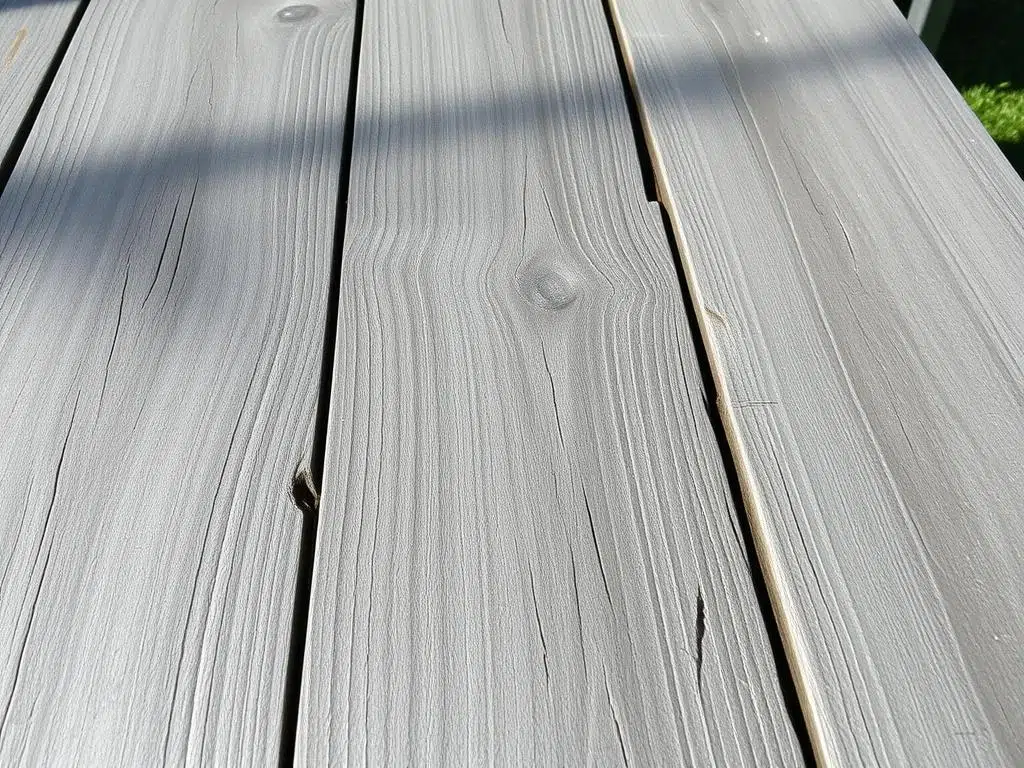 Vergrijsd houten tafelblad door langdurige blootstelling aan regen Vergrijsd houten tafelblad door langdurige blootstelling aan regen