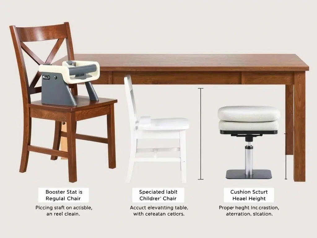 Verschillende aanpassingen voor kinderstoelen en verhogingskussens aan een eettafel Verschillende aanpassingen voor kinderstoelen en verhogingskussens aan een eettafel