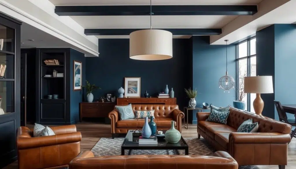Verschillende blauwtinten gecombineerd met bruin in een interieur Verschillende blauwtinten gecombineerd met bruin in een interieur