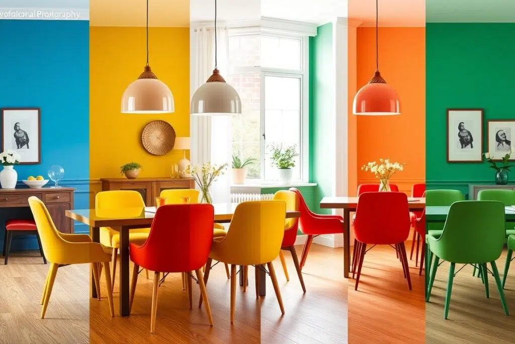 Verschillende eetkamers met stoelen in kleuren die verschillende stemmingen oproepen Verschillende eetkamers met stoelen in kleuren die verschillende stemmingen oproepen