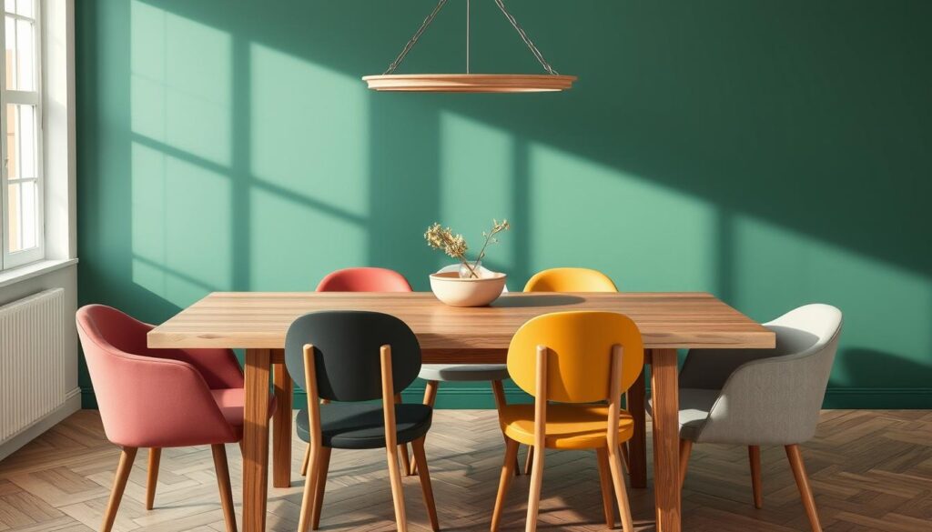 Verschillende eetkamerstoelen in contrasterende kleuren bij een houten tafel Verschillende eetkamerstoelen in contrasterende kleuren bij een houten tafel