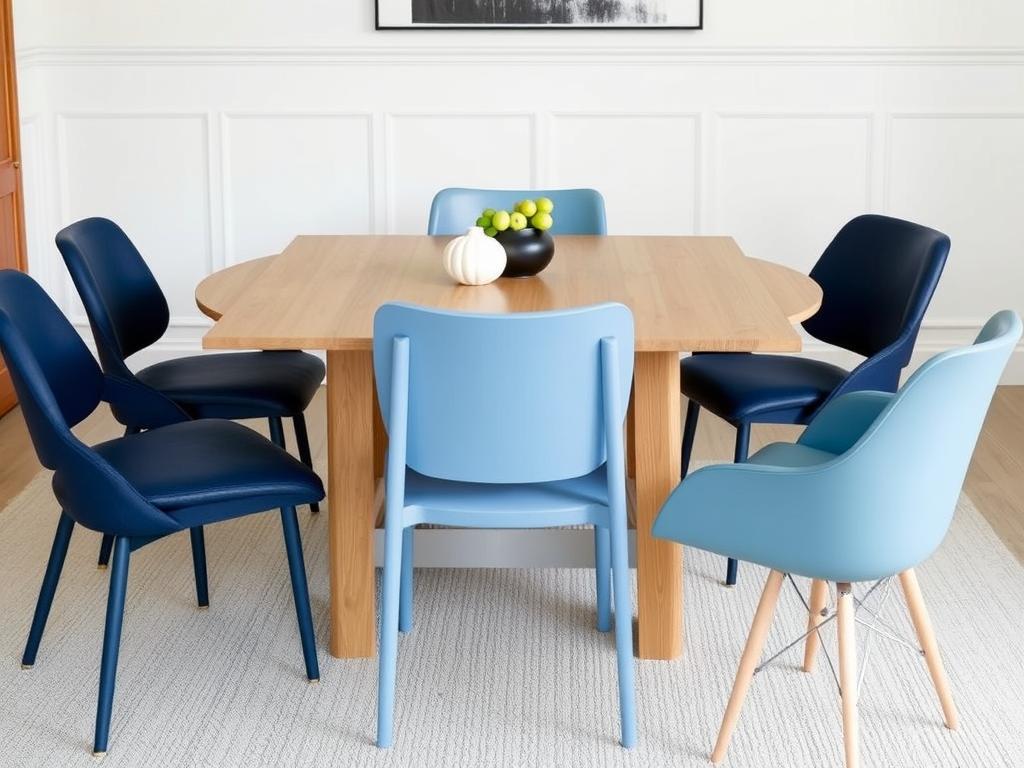 Verschillende eetkamerstoelen in verschillende tinten van dezelfde kleur
