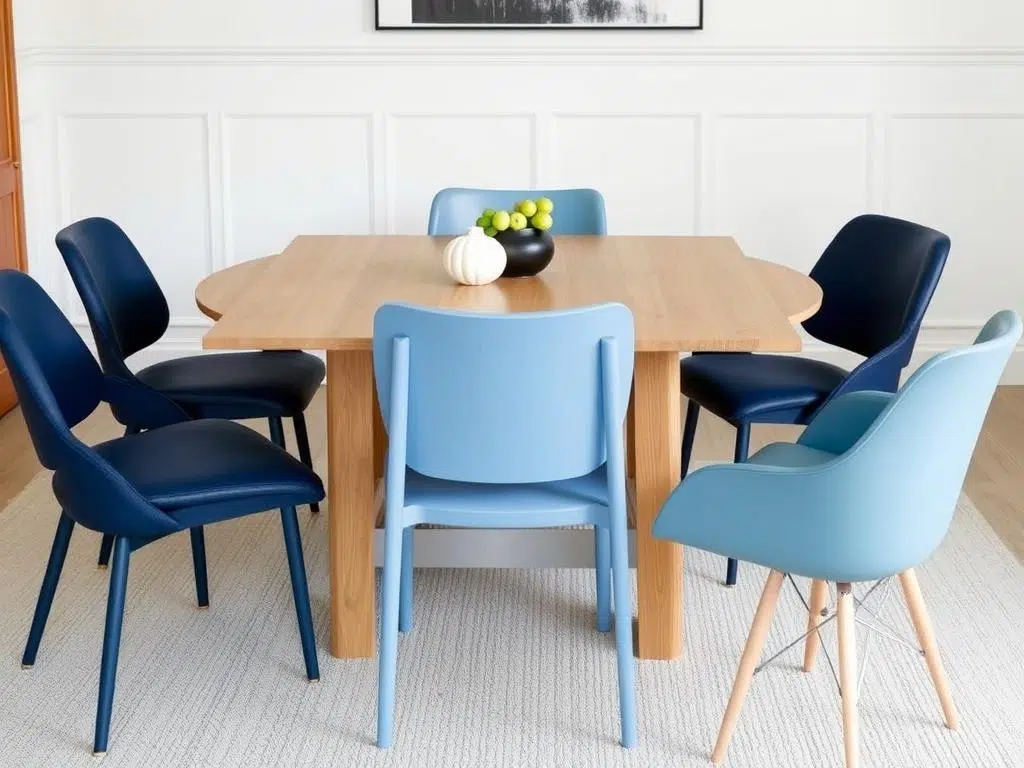 Verschillende eetkamerstoelen in verschillende tinten van dezelfde kleur Verschillende eetkamerstoelen in verschillende tinten van dezelfde kleur