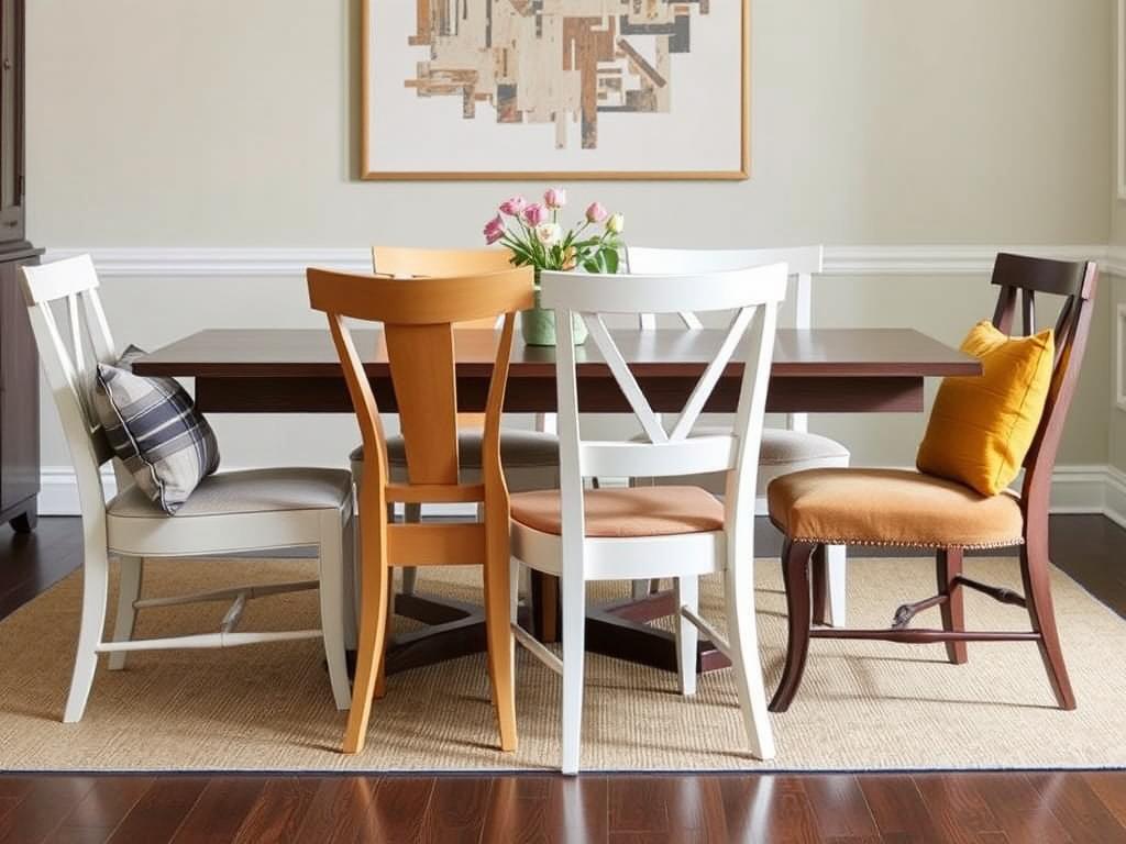 Verschillende eetkamerstoelen met bijpassende kussens in dezelfde kleur