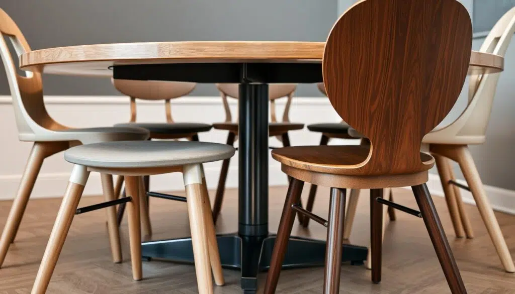 Verschillende eetkamerstoelen met dezelfde zithoogte rond een eettafel Verschillende eetkamerstoelen met dezelfde zithoogte rond een eettafel