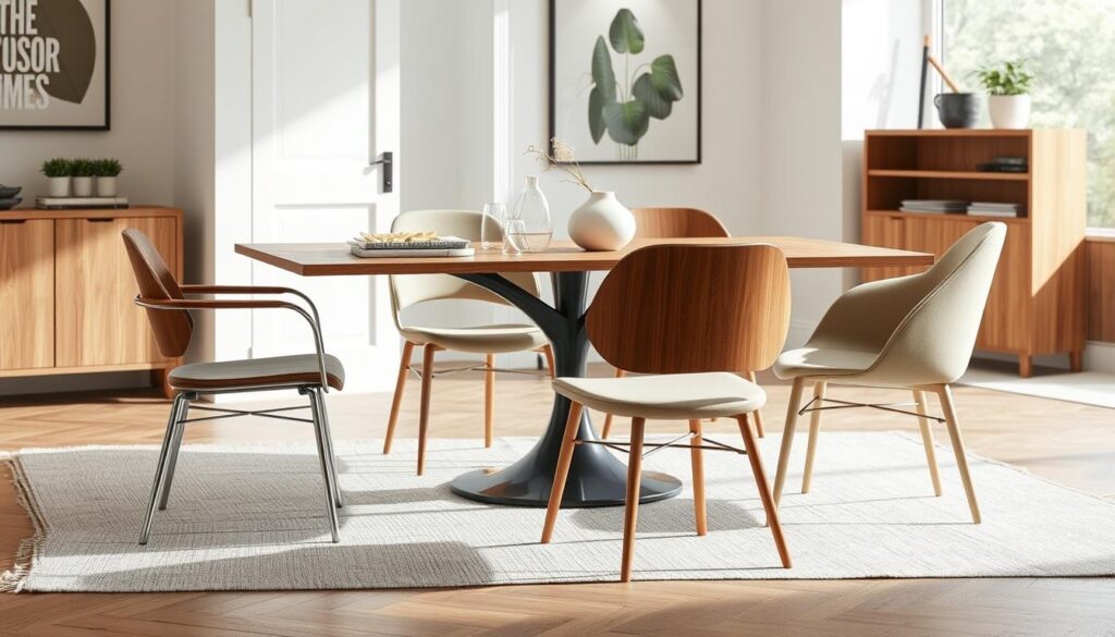 Verschillende eetkamerstoelen zonder armleuningen in verschillende stijlen rond een eettafel