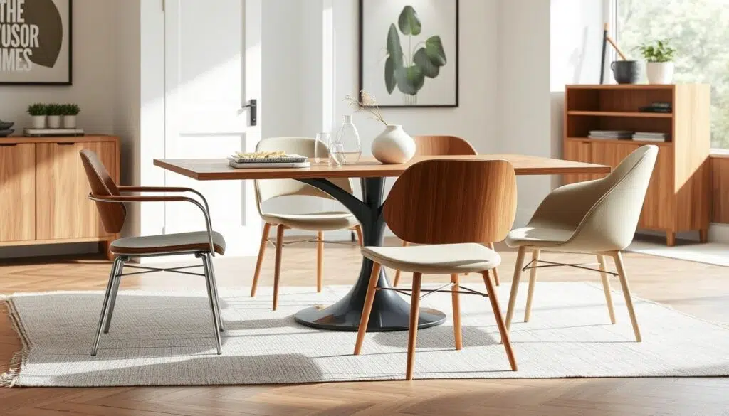 Verschillende eetkamerstoelen zonder armleuningen in verschillende stijlen rond een eettafel Verschillende eetkamerstoelen zonder armleuningen in verschillende stijlen rond een eettafel