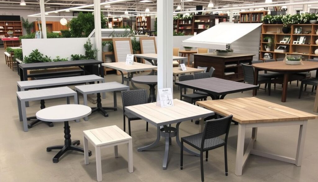 Verschillende formaten tuintafels in een Nederlandse tuincentrum showroom Verschillende formaten tuintafels in een Nederlandse tuincentrum showroom