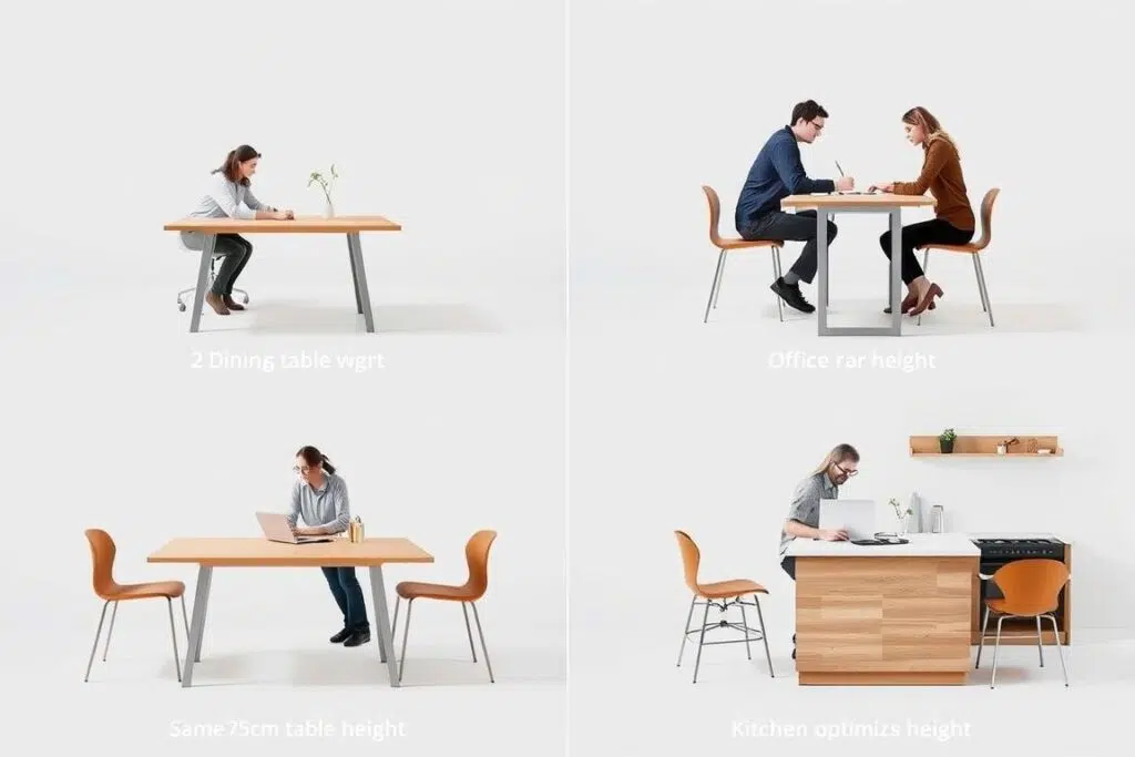 Verschillende gebruikssituaties met een tafel van 75 cm en bijpassende stoelhoogtes Verschillende gebruikssituaties met een tafel van 75 cm en bijpassende stoelhoogtes