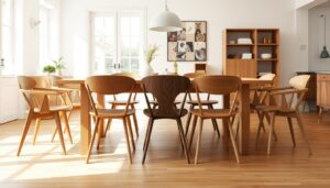 Verschillende houten eetkamerstoelen rondom een eiken eettafel in een lichte eetkamer