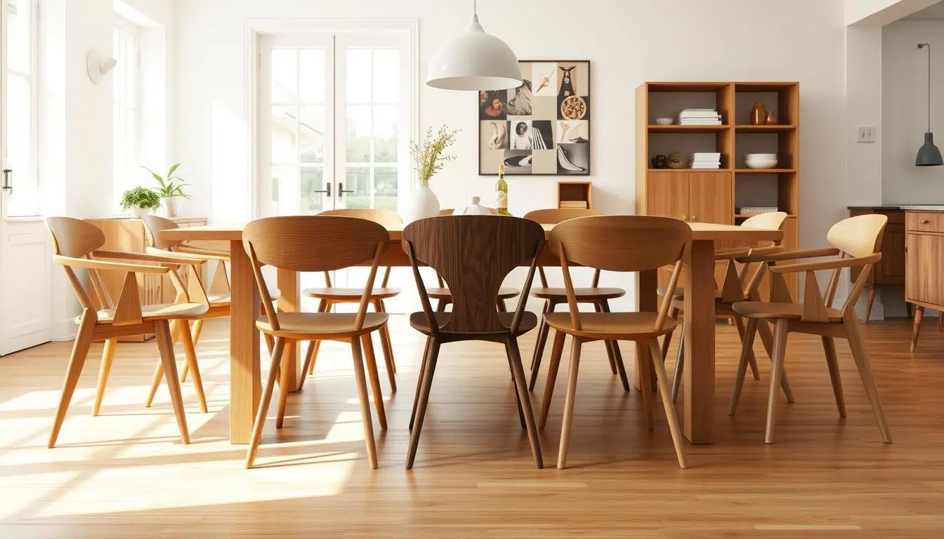 Verschillende houten eetkamerstoelen rondom een eiken eettafel in een lichte eetkamer