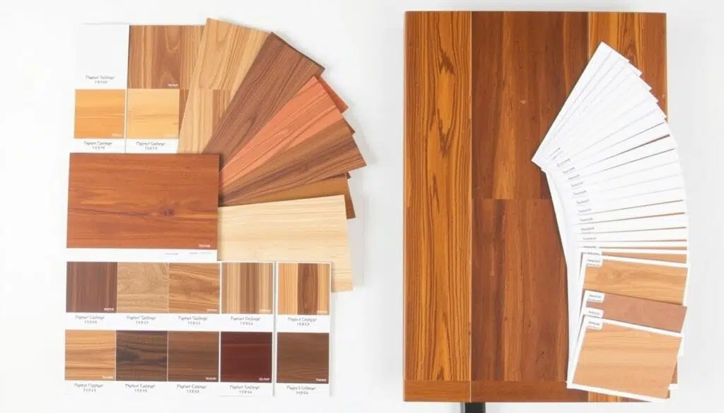 Verschillende houten kleurmonsters naast een bestaande eettafel voor vergelijking Verschillende houten kleurmonsters naast een bestaande eettafel voor vergelijking