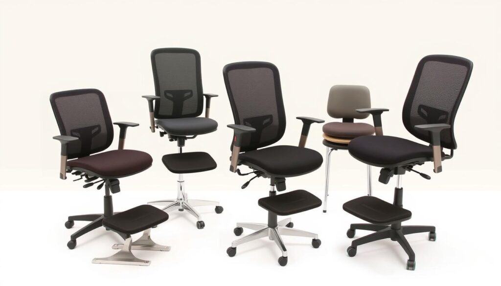 Verschillende hulpmiddelen voor het aanpassen van de fijne zithoogte zoals verstelbare stoelen en voetensteunen Verschillende hulpmiddelen voor het aanpassen van de fijne zithoogte zoals verstelbare stoelen en voetensteunen